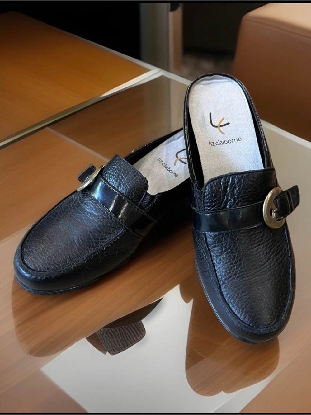 Liz Claiborne Black Leather Slip-On Loafers with Buckle Accent